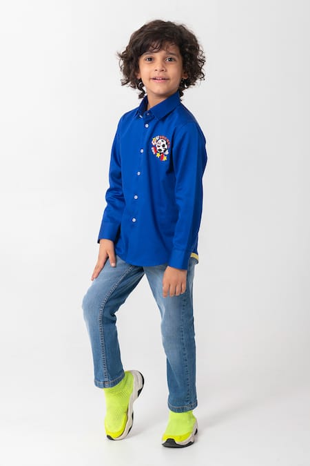 Buy_Partykles_Blue Cotton Embroidery Football Patchwork Shirt _Online_at_Aza_Fashions