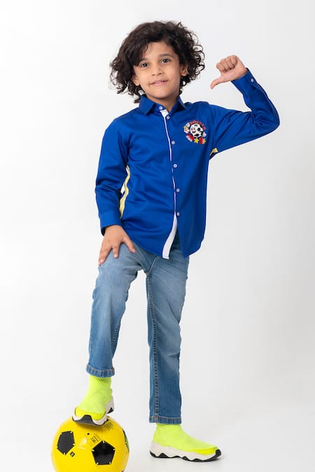 Shop_Partykles_Blue Cotton Embroidery Football Patchwork Shirt _Online_at_Aza_Fashions