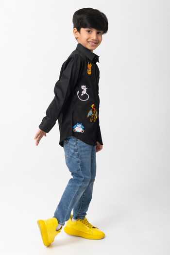 Partykles_Black Cotton Embroidery Pikachu Shirt _Online_at_Aza_Fashions