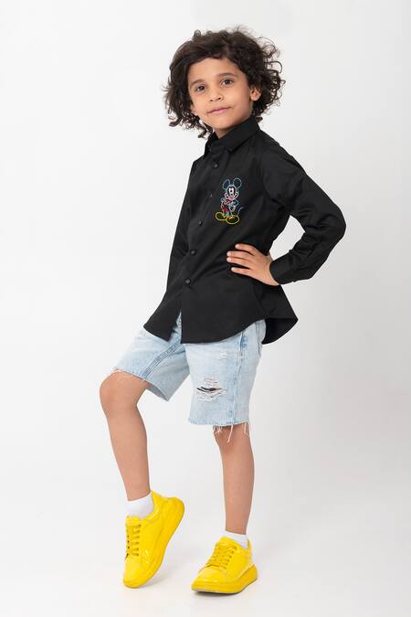 Partykles_Black Cotton Embroidery Mickey Mouse Logo Shirt _Online_at_Aza_Fashions