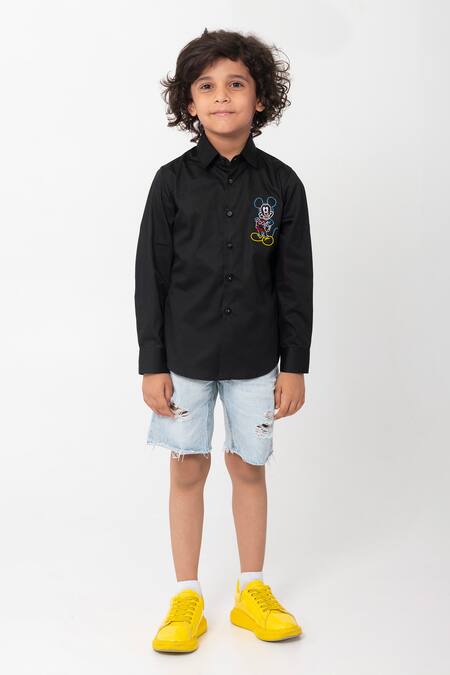Buy_Partykles_Black Cotton Embroidery Mickey Mouse Logo Shirt _Online_at_Aza_Fashions