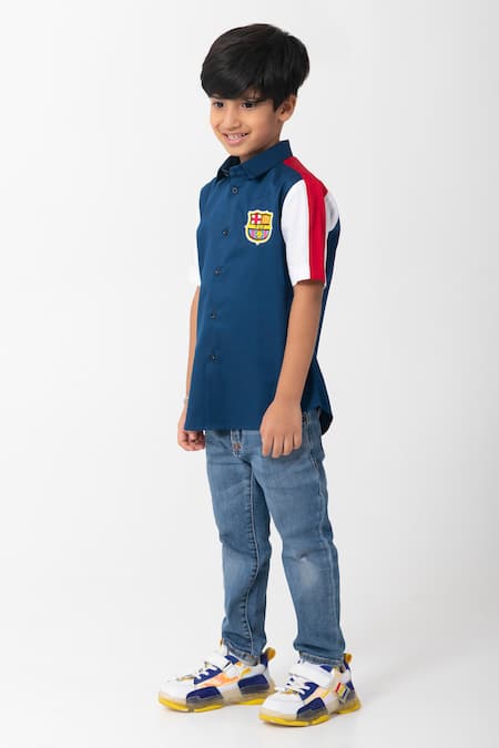 Partykles_Navy Cotton Embroidery Football Shirt _Online_at_Aza_Fashions