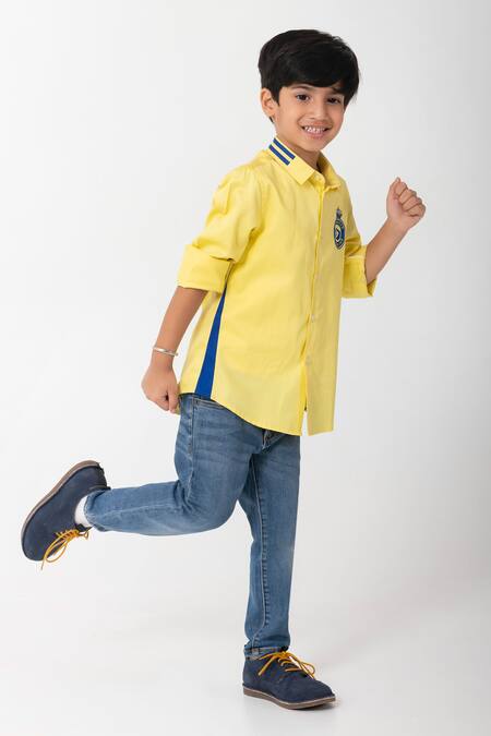 Partykles_Yellow Cotton Embroidery, Patchwork Ronaldo Shirt _Online_at_Aza_Fashions