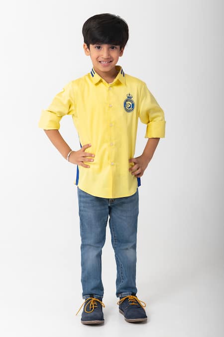 Buy_Partykles_Yellow Cotton Embroidery, Patchwork Ronaldo Shirt _Online_at_Aza_Fashions