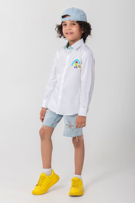 Partykles_White Cotton Embroidery Summer Logo Shirt _Online_at_Aza_Fashions