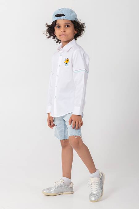 Partykles_White Cotton Embroidery, Patchwork Cap Logo Shirt _Online_at_Aza_Fashions