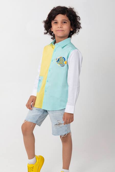 Buy_Partykles_Aqua Cotton Embroidery Sea Creature Shirt _Online_at_Aza_Fashions
