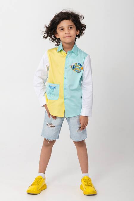Shop_Partykles_Aqua Cotton Embroidery Sea Creature Shirt _Online_at_Aza_Fashions
