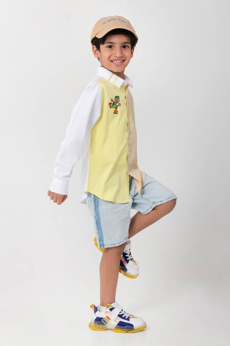 Partykles_White Cotton Embroidery Skater Turtle Shirt _Online_at_Aza_Fashions