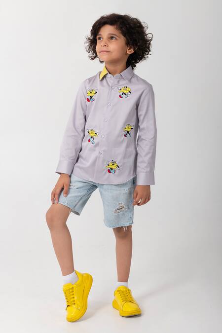 Buy_Partykles_Gray Cotton Embroidery Expression Shirt _Online_at_Aza_Fashions