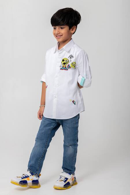 Partykles_White Cotton Embroidery, Beads Football Shirt _Online_at_Aza_Fashions