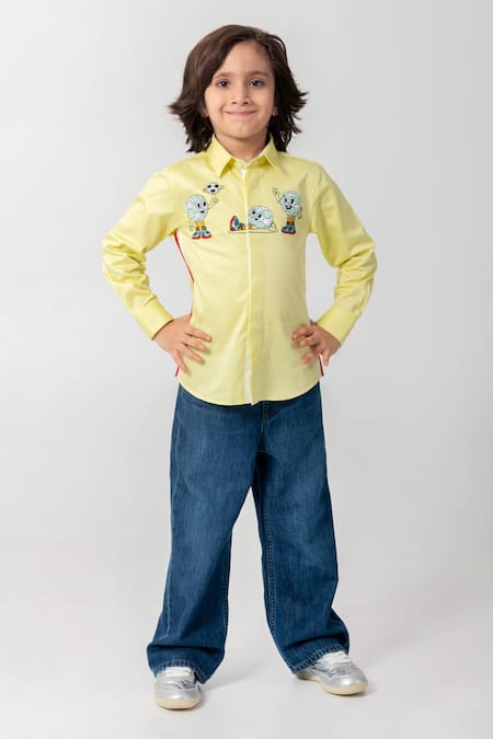 Partykles Yellow Cotton Embroidery Neon Football Shirt Online at Aza Fashions Partykles_Yellow Cotton Embroidery Neon Football Shirt _Online_at_Aza_Fashions