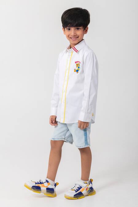 Partykles_White Cotton Embroidery Party Placement Shirt _Online_at_Aza_Fashions