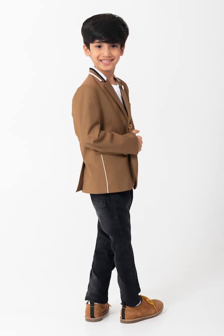 Partykles_Brown Rayon Contrast Panelled Blazer _Online_at_Aza_Fashions