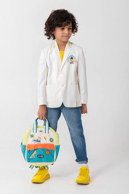 Partykles_White Embroidery, Piping Placement Blazer _Online_at_Aza_Fashions