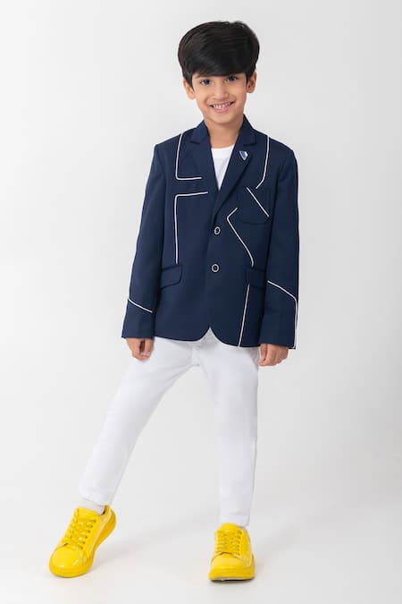 Buy_Partykles_Navy Rayon Piping Geometric Pattern Blazer _Online_at_Aza_Fashions