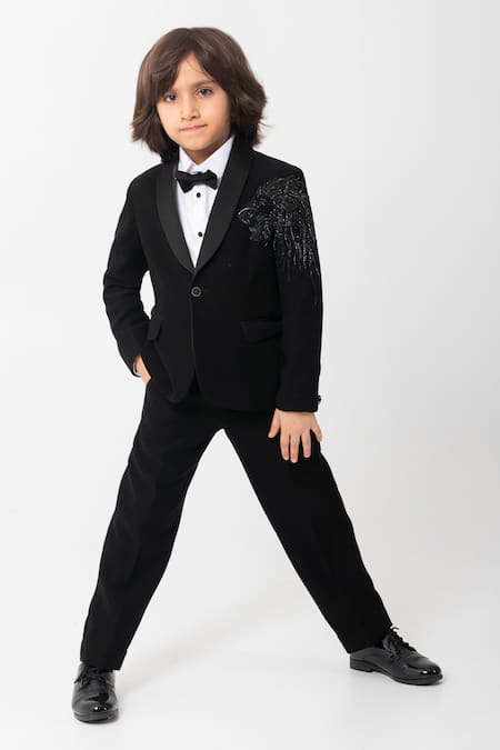 Partykles_Black Polyester, Suiting Beads, Embroidery Lion Tuxedo _Online_at_Aza_Fashions
