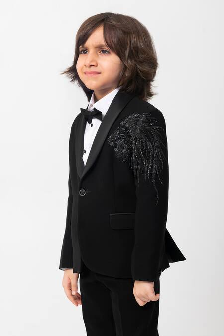 Buy_Partykles_Black Polyester, Suiting Beads, Embroidery Lion Tuxedo _Online_at_Aza_Fashions