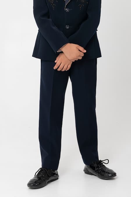 Partykles_Navy Polyester, Suiting Beads, Embroidery Floral Tuxedo Set _Online_at_Aza_Fashions