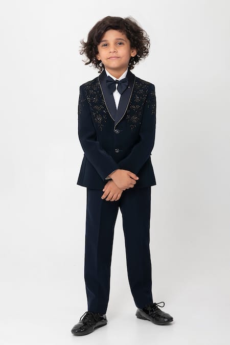 Buy_Partykles_Navy Polyester, Suiting Beads, Embroidery Floral Tuxedo Set _Online_at_Aza_Fashions