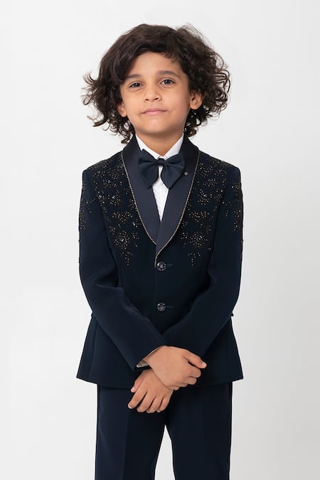 Shop_Partykles_Navy Polyester, Suiting Beads, Embroidery Floral Tuxedo Set _Online_at_Aza_Fashions