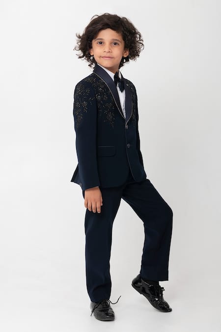 Partykles_Navy Polyester, Suiting Beads, Embroidery Floral Tuxedo Set _at_Aza_Fashions
