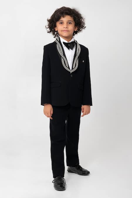Partykles_Black Polyester, Suiting Piping Contrast Detailed Tuxedo Set _Online_at_Aza_Fashions
