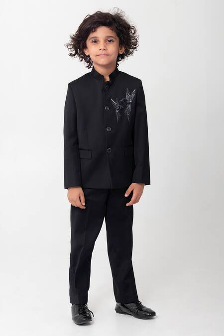 Buy_Partykles_Black Rayon Embroidery Bird Bandhgala Set _Online_at_Aza_Fashions