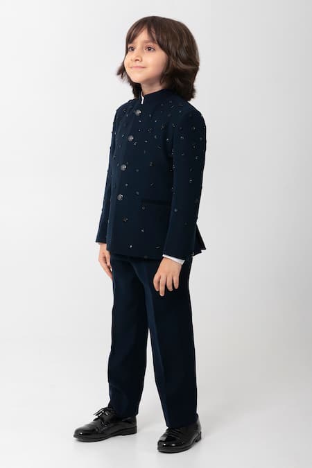 Partykles_Navy Polyester, Suiting Embroidery Bandhgala Set _Online_at_Aza_Fashions