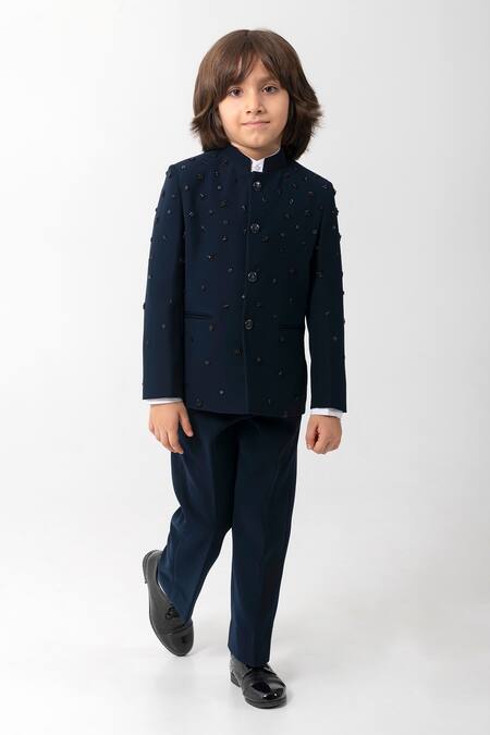 Shop_Partykles_Navy Polyester, Suiting Embroidery Bandhgala Set _Online_at_Aza_Fashions