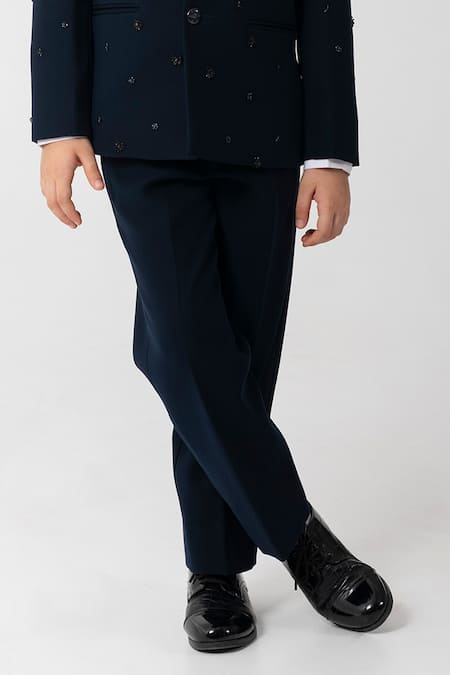 Partykles_Navy Polyester, Suiting Embroidery Bandhgala Set _at_Aza_Fashions