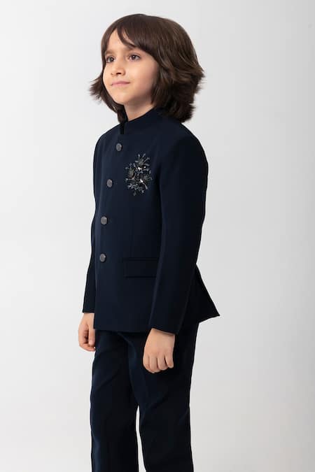 Partykles_Navy Polyester, Suiting Beads, Sequins Placement Embroidered Bandhgala Set _Online_at_Aza_Fashions