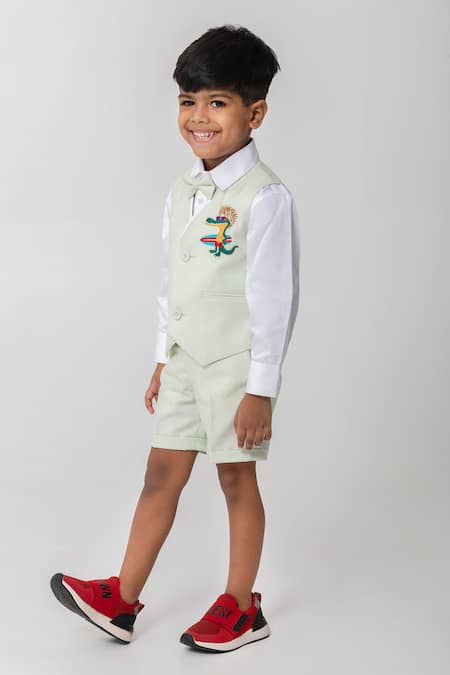 Partykles_Mint Rayon Embroidery Surfing Dino Waistcoat Set _Online_at_Aza_Fashions