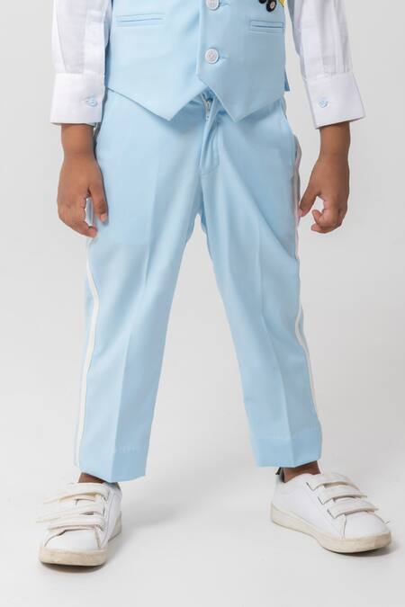 Partykles_Sky Blue Rayon Embroidery, Piping Mickey And Aeroplane Waistcoat Set _Online_at_Aza_Fashions