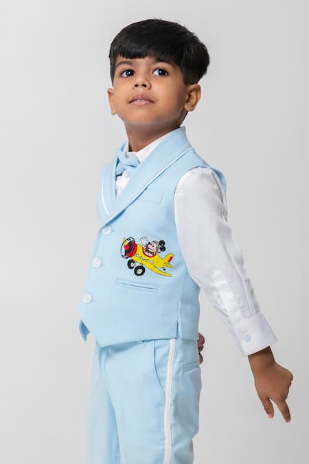 Buy_Partykles_Sky Blue Rayon Embroidery, Piping Mickey And Aeroplane Waistcoat Set _Online_at_Aza_Fashions