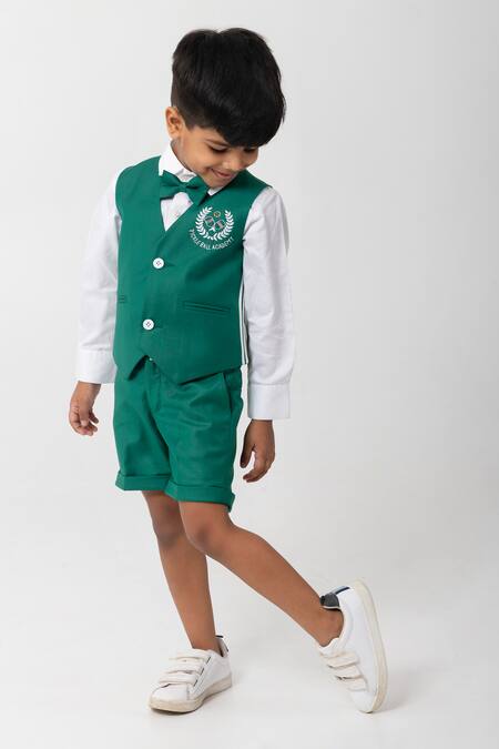 Partykles_Emerald Green Embroidery Logo Waistcoat Set _Online_at_Aza_Fashions