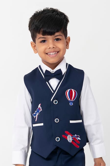 Buy_Partykles_Navy Rayon Embroidery Aeroplane And Hot Air Balloon Waistcoat Set _Online_at_Aza_Fashions