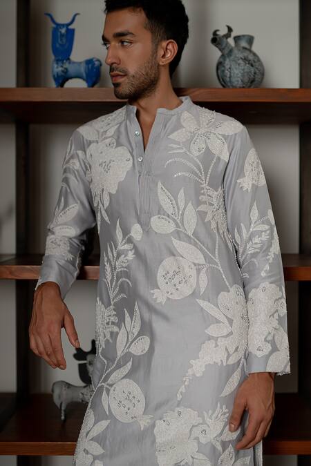 Buy_Mishru_Blue Chanderi, Cotton, Lycra Embroidery, Sequins Aarav Kurta Set _Online_at_Aza_Fashions