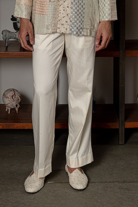 Mishru_Ivory Chanderi, Cotton, Lycra Embroidery Levi Shirt Kurta And Pant Set _Online_at_Aza_Fashions