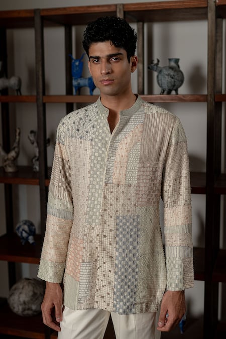 Buy_Mishru_Ivory Chanderi, Cotton, Lycra Embroidery Levi Shirt Kurta And Pant Set _Online_at_Aza_Fashions