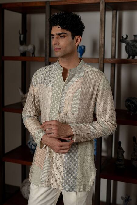 Shop_Mishru_Ivory Chanderi, Cotton, Lycra Embroidery Levi Shirt Kurta And Pant Set _Online_at_Aza_Fashions