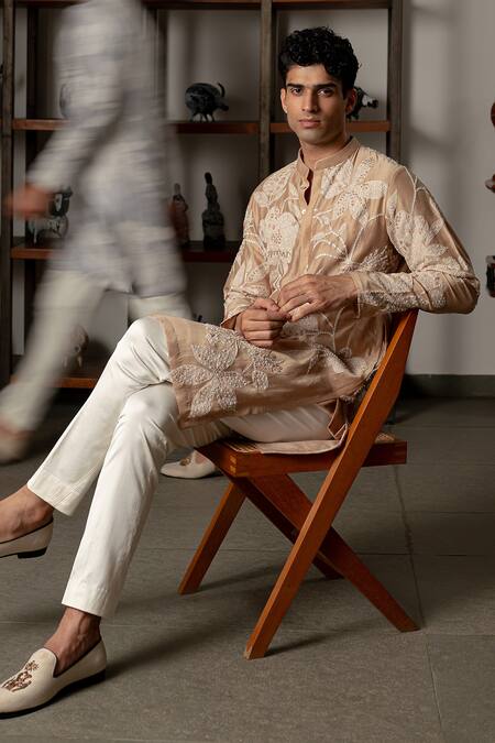 Buy_Mishru_Brown Chanderi, Cotton, Lycra Embroidery Aarav Kurta Set _Online_at_Aza_Fashions