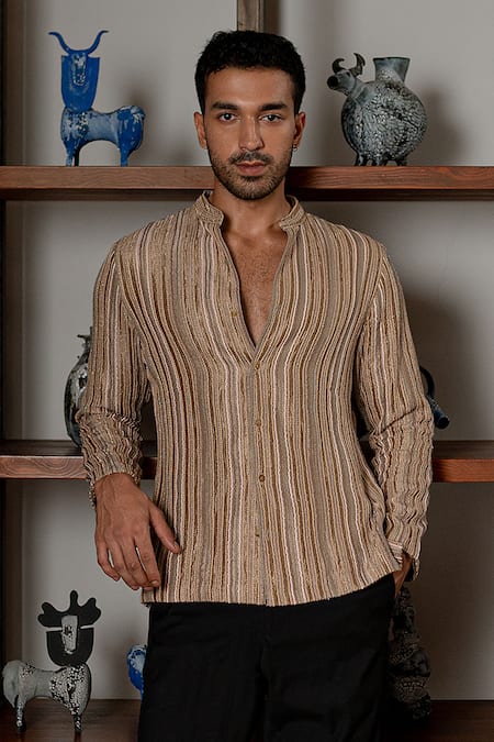 Buy_Mishru_Brown Dupion, Cotton, Lycra Embroidery Sylas Shirt And Pant Set _Online_at_Aza_Fashions