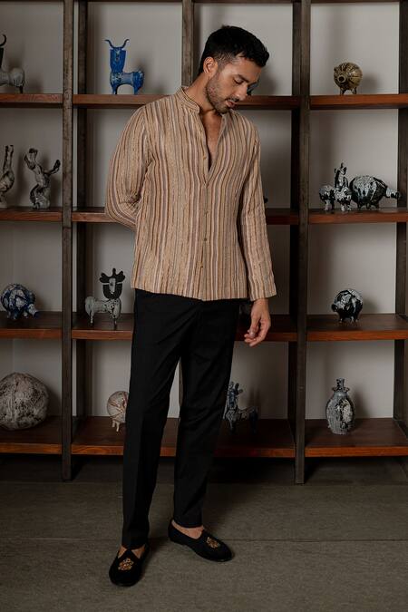 Shop_Mishru_Brown Dupion, Cotton, Lycra Embroidery Sylas Shirt And Pant Set _Online_at_Aza_Fashions