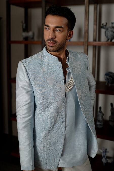 Shop_Mishru_Sky Blue Silk Embroidery Adhva Jodhpuri Jacket Set _Online_at_Aza_Fashions