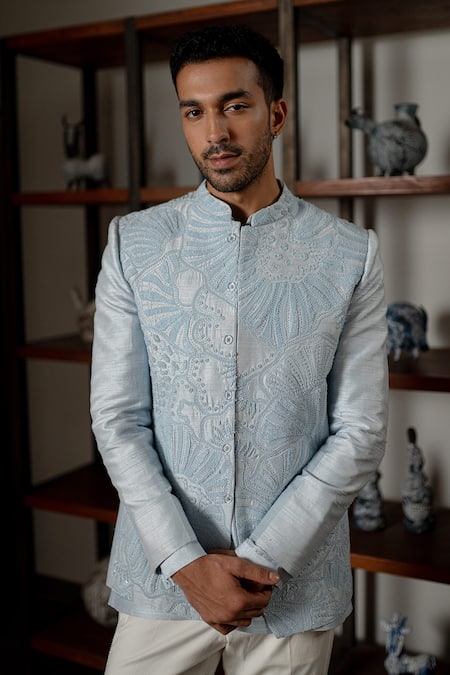 Mishru_Sky Blue Silk Embroidery Adhva Jodhpuri Jacket Set _at_Aza_Fashions