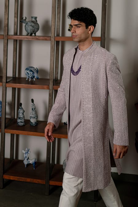 Mishru_Lavender Chanderi Embroidery, Sequins Sohan Sherwani Set _Online_at_Aza_Fashions