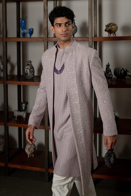 Buy_Mishru_Lavender Chanderi Embroidery, Sequins Sohan Sherwani Set _Online_at_Aza_Fashions