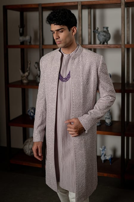 Shop_Mishru_Lavender Chanderi Embroidery, Sequins Sohan Sherwani Set _Online_at_Aza_Fashions
