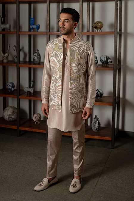 Buy_Mishru_Ivory Organza, Silk, Cotton, Lycra Applique Ansh Embroidered Bundi And Kurta Set _Online_at_Aza_Fashions